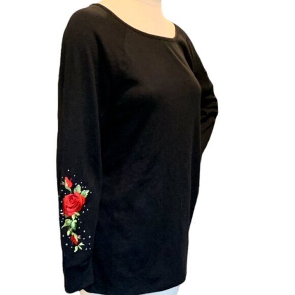 Quacker Factory Top Embroidered Roses  Rhinestones Sz L Black #20A - Picture 3 of 9